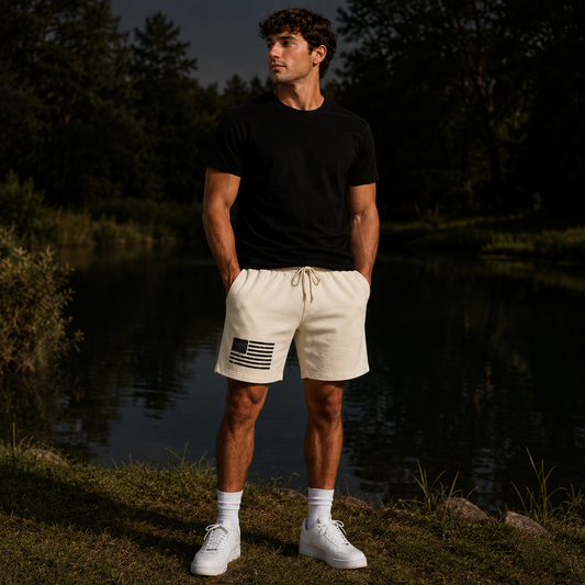 American Flag Fleece Sweat Shorts — Lightweight Garment-Dyed Lounge Shorts