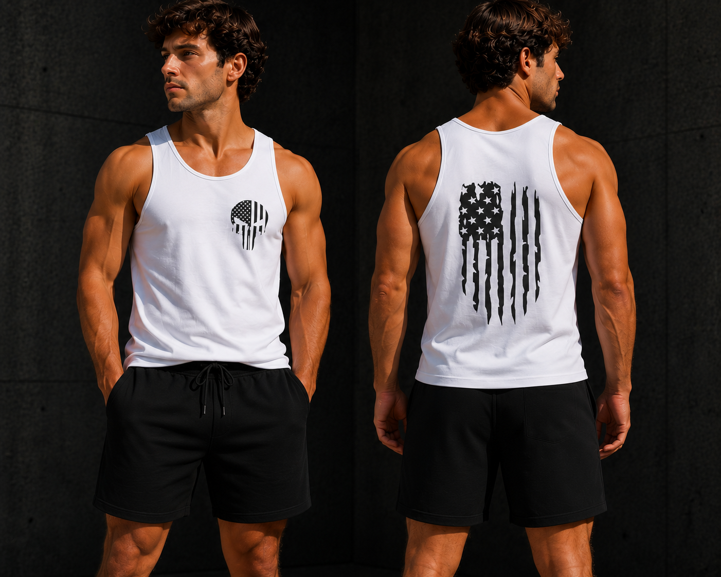American Flag Skull Tank Top — Distressed Patriotic USA Sleeveless Tee