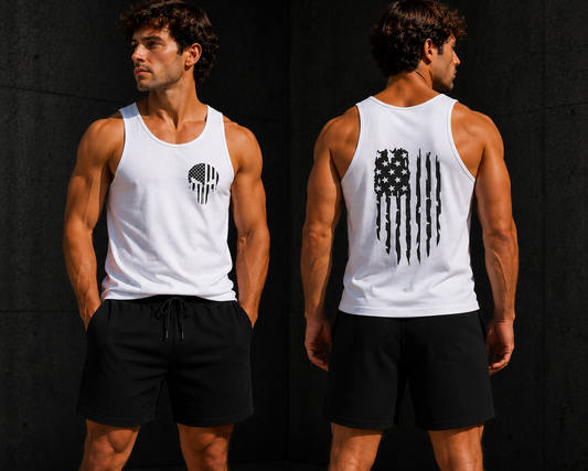 American Flag Skull Tank Top — Distressed Patriotic USA Sleeveless Tee