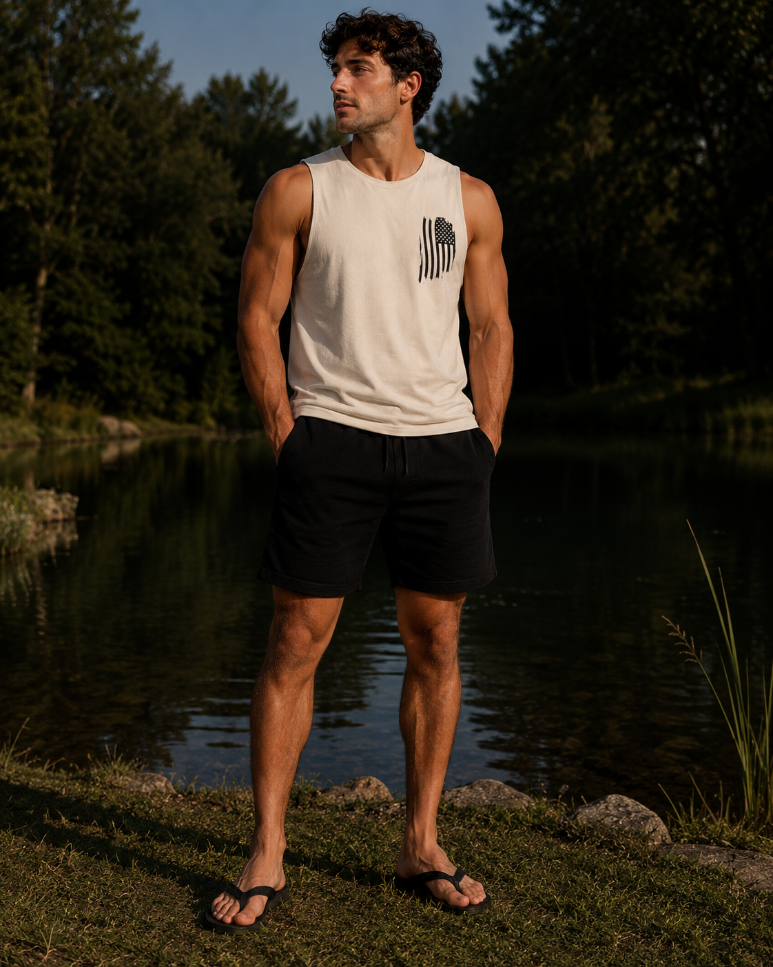 American Flag Pocket Tank Top — Minimal Patriotic Muscle Tee