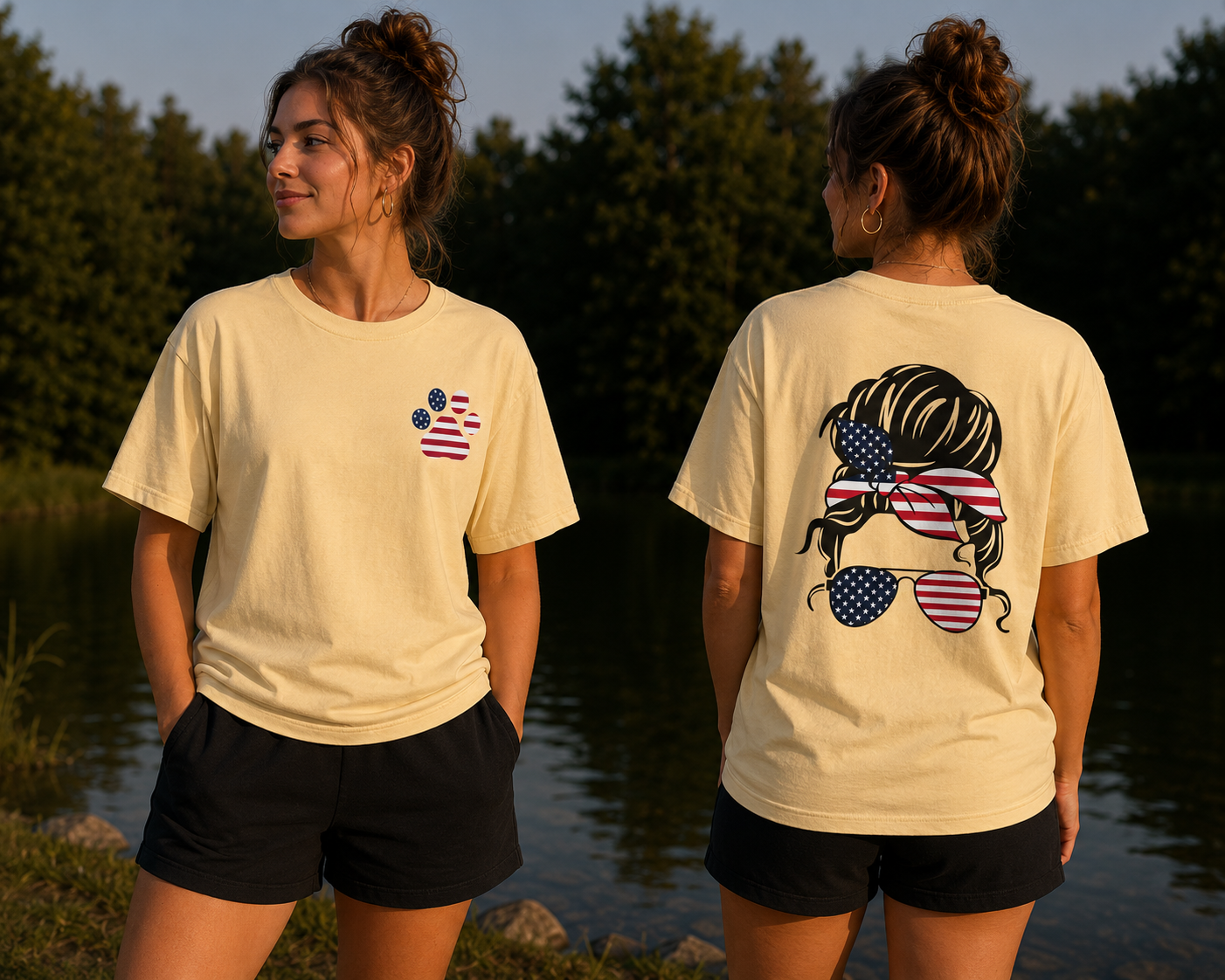 Patriotic Messy Bun T-Shirt — American Flag Bandana & Sunglasses