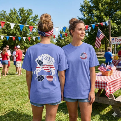 American Flag Messy Bun & Sunglasses with Patriotic Sunflower Back Tee