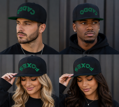 Embroidered Flat Bill Cap — Green Arched 'CVDDO' Logo Snapback