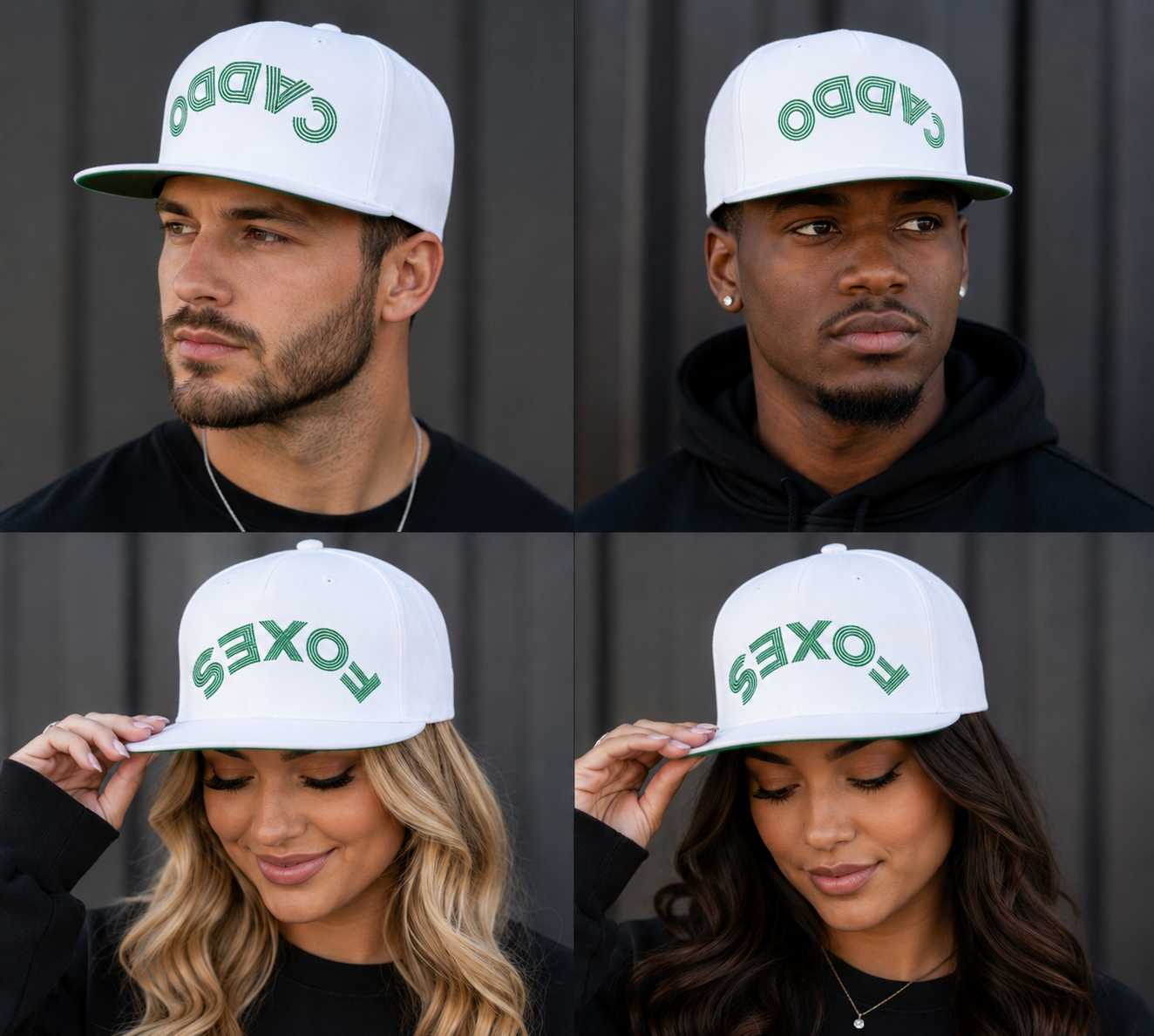 Embroidered Flat Bill Cap — Green Arched 'CVDDO' Logo Snapback