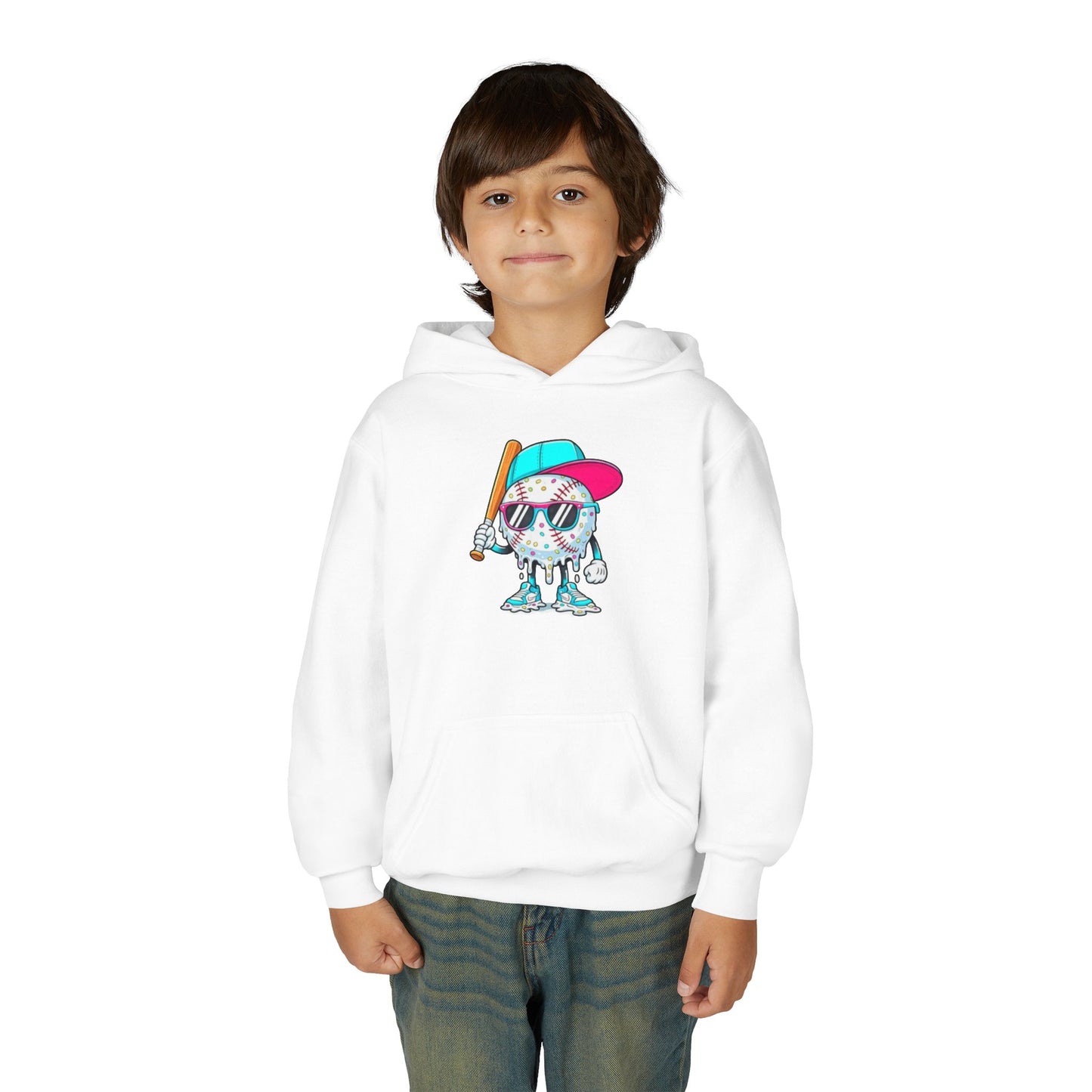Youth Double Sided Baseball Hoodie — Colorful Dripping Ball & Cool Batter Graphic