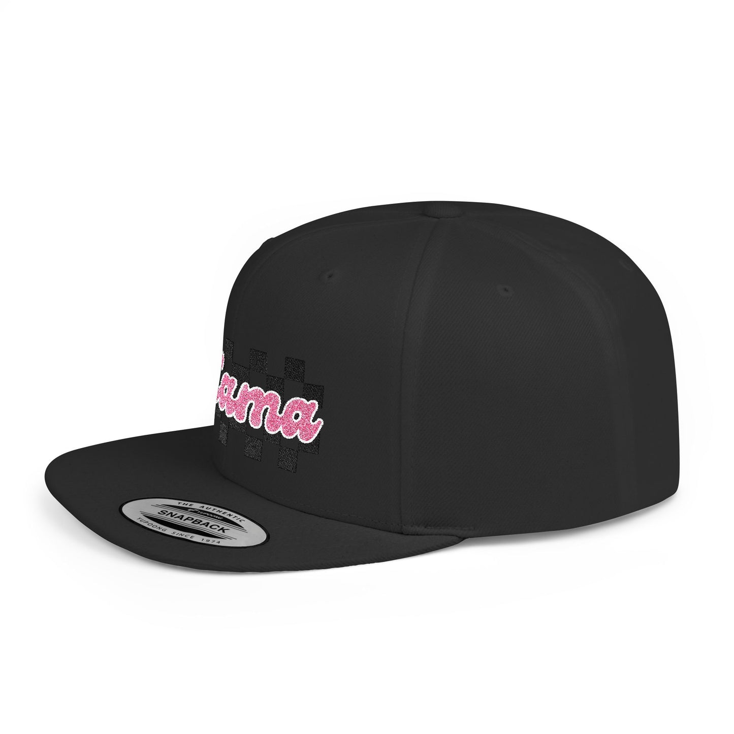 Mama Checkerboard Flat Bill Snapback Hat — Retro Pink Script Cap for Moms