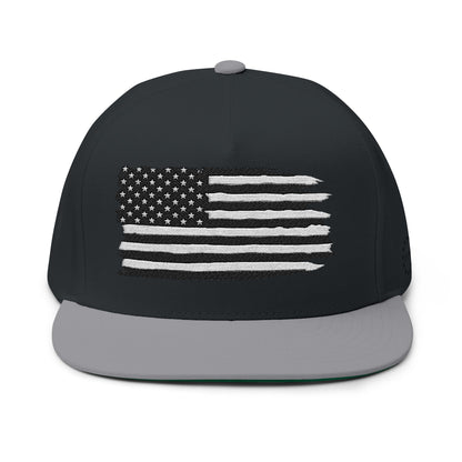 American Flag Flat Bill Cap — Distressed Embroidered USA Snapback