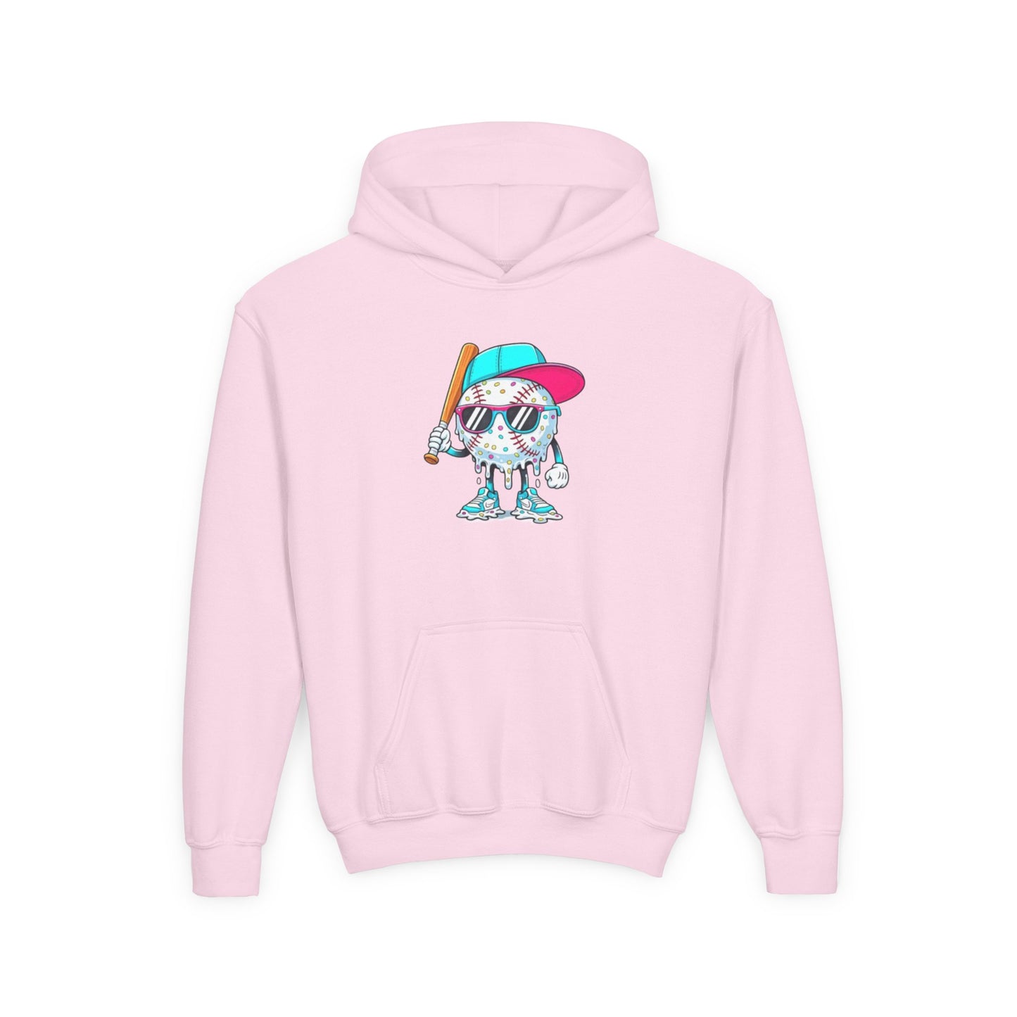 Youth Double Sided Baseball Hoodie — Colorful Dripping Ball & Cool Batter Graphic