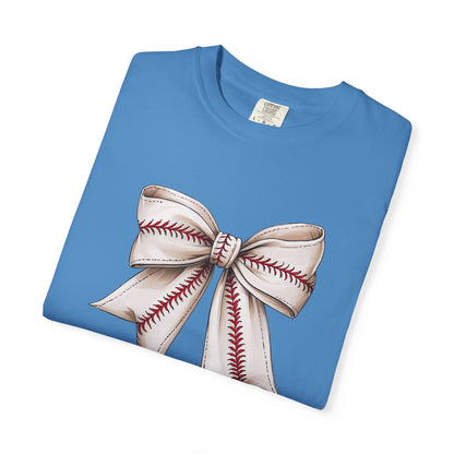 Baseball Stitch Bow T-Shirt — Cute Sports Ribbon Graphic Tee