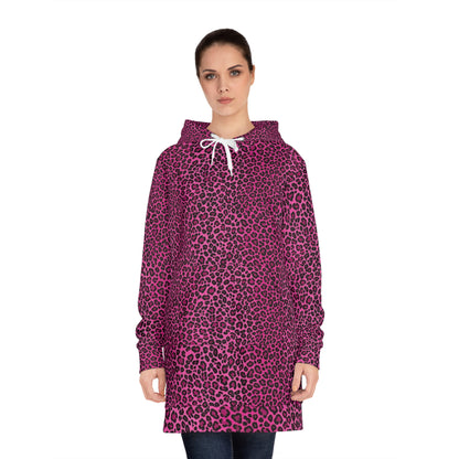 Pink Leopard Print Hoodie Dress — Women's Cozy AOP Hooded Tunic