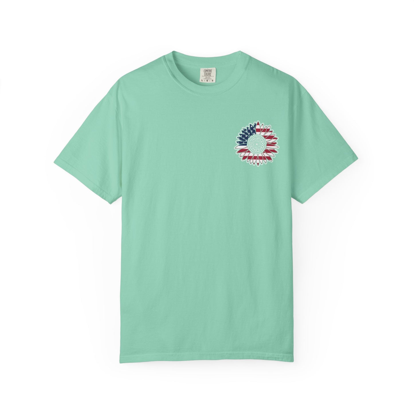 American Flag Messy Bun & Sunglasses with Patriotic Sunflower Back Tee