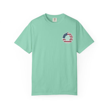 American Flag Messy Bun & Sunglasses with Patriotic Sunflower Back Tee