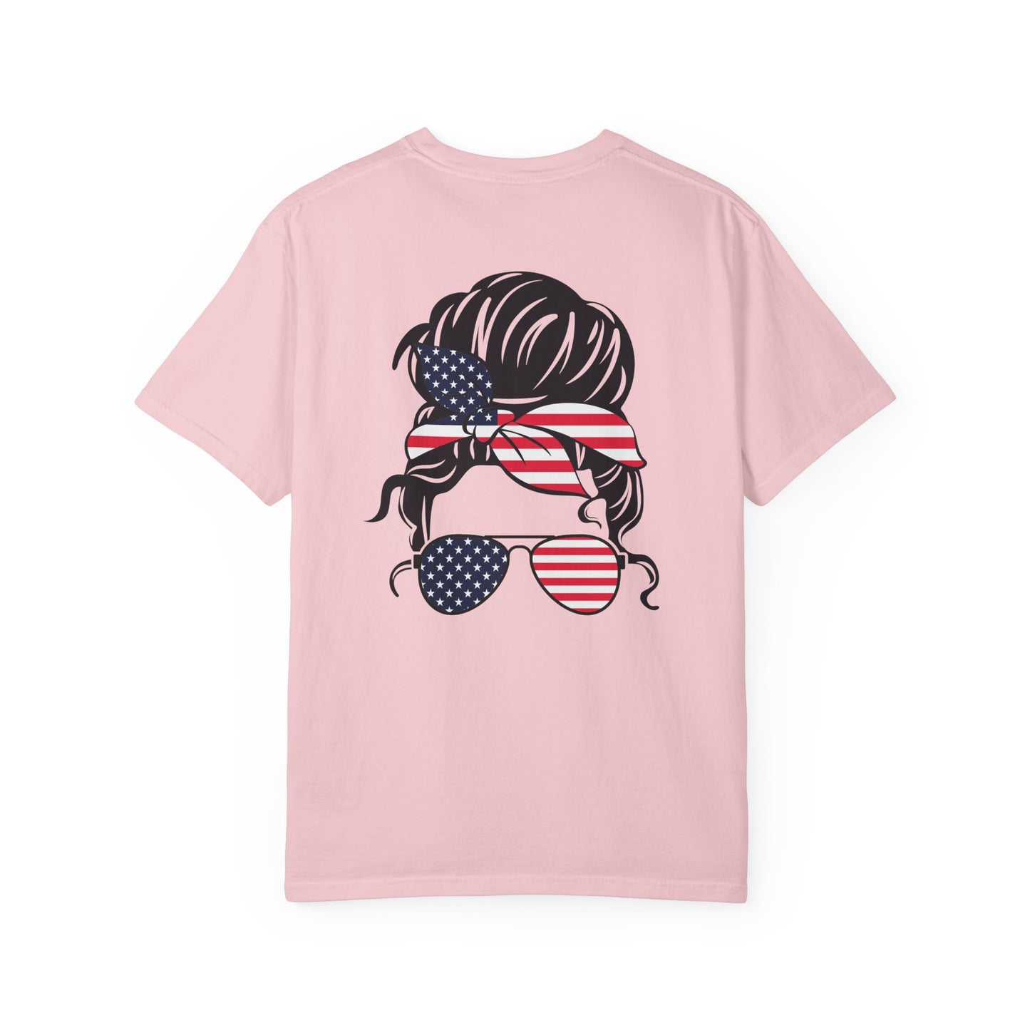 Patriotic Messy Bun T-Shirt — American Flag Bandana & Sunglasses