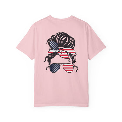 Patriotic Messy Bun T-Shirt — American Flag Bandana & Sunglasses