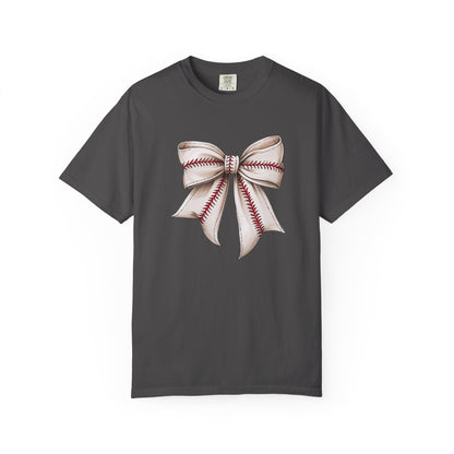 Baseball Stitch Bow T-Shirt — Cute Sports Ribbon Graphic Tee