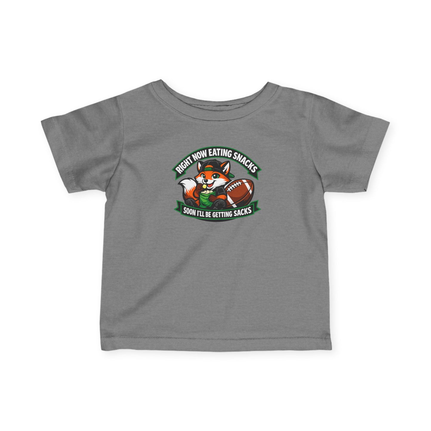 Infant Tee — Cute Football Fox "Right Now Eating Snacks, Soon I'll Be Getting Sacks" Baby Shirt