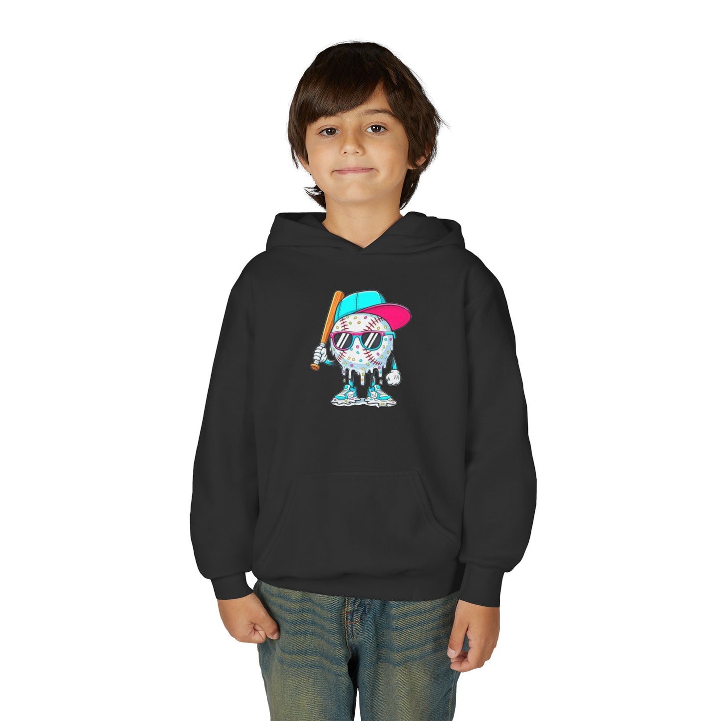 Youth Double Sided Baseball Hoodie — Colorful Dripping Ball & Cool Batter Graphic