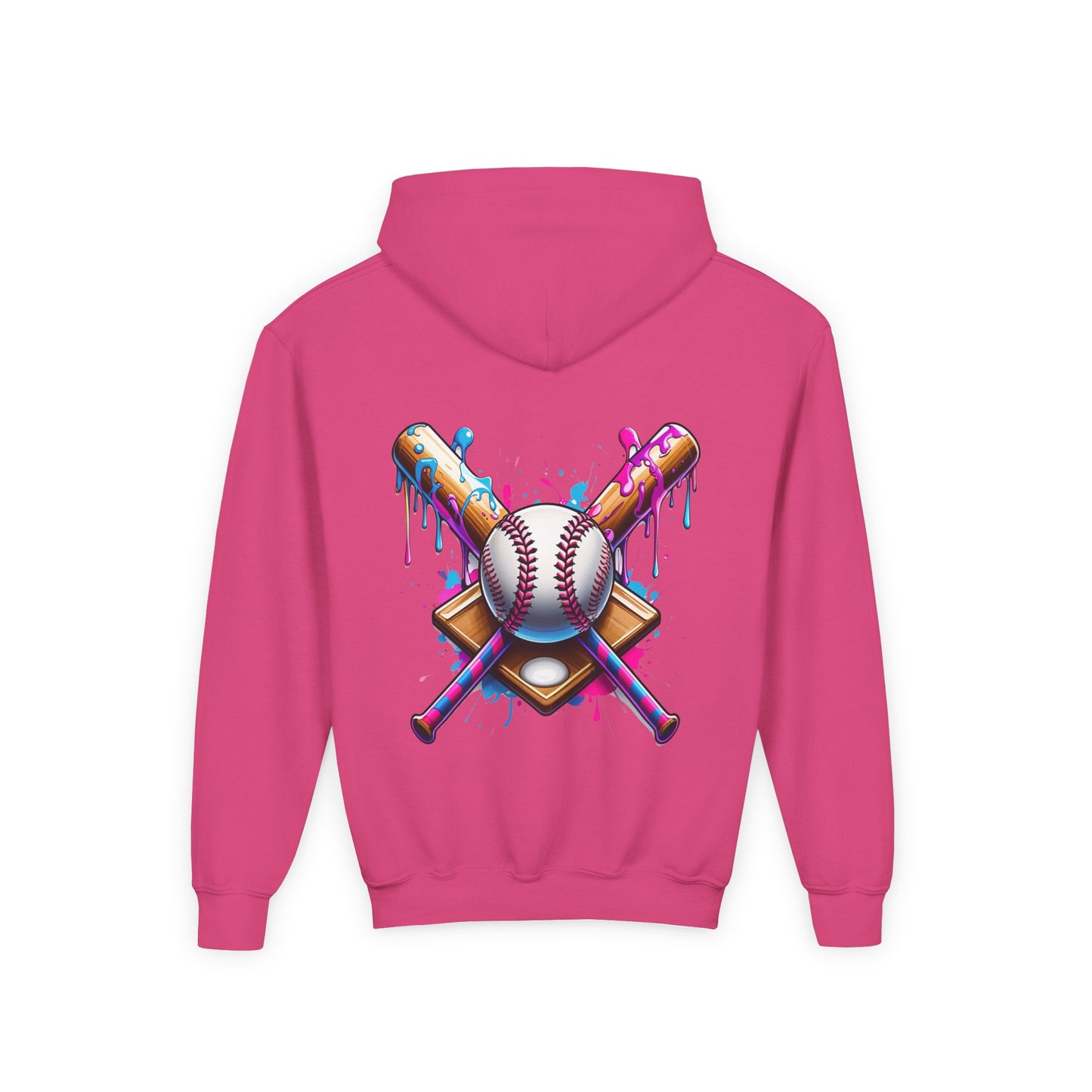 Youth Double Sided Baseball Hoodie — Colorful Dripping Ball & Cool Batter Graphic