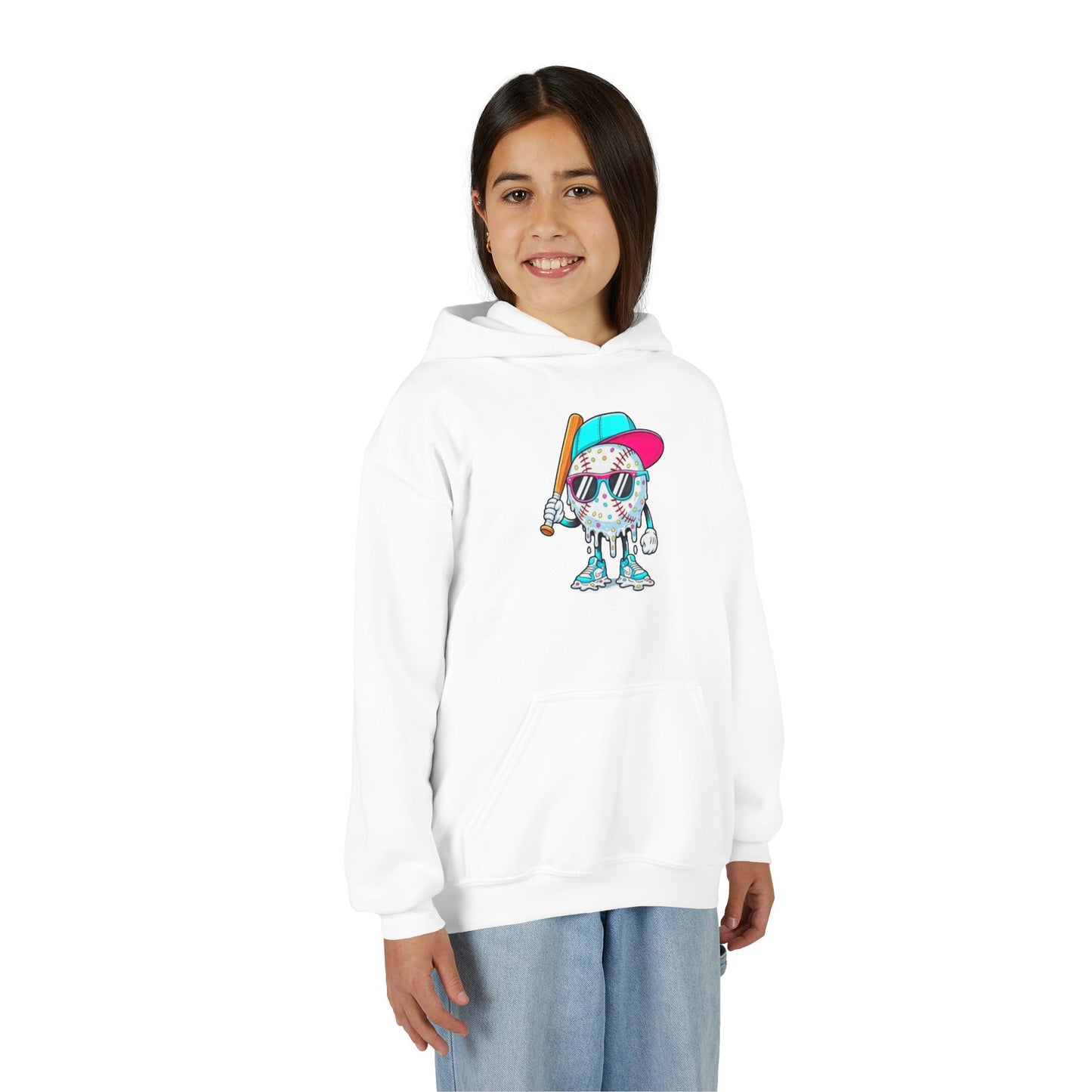 Youth Double Sided Baseball Hoodie — Colorful Dripping Ball & Cool Batter Graphic