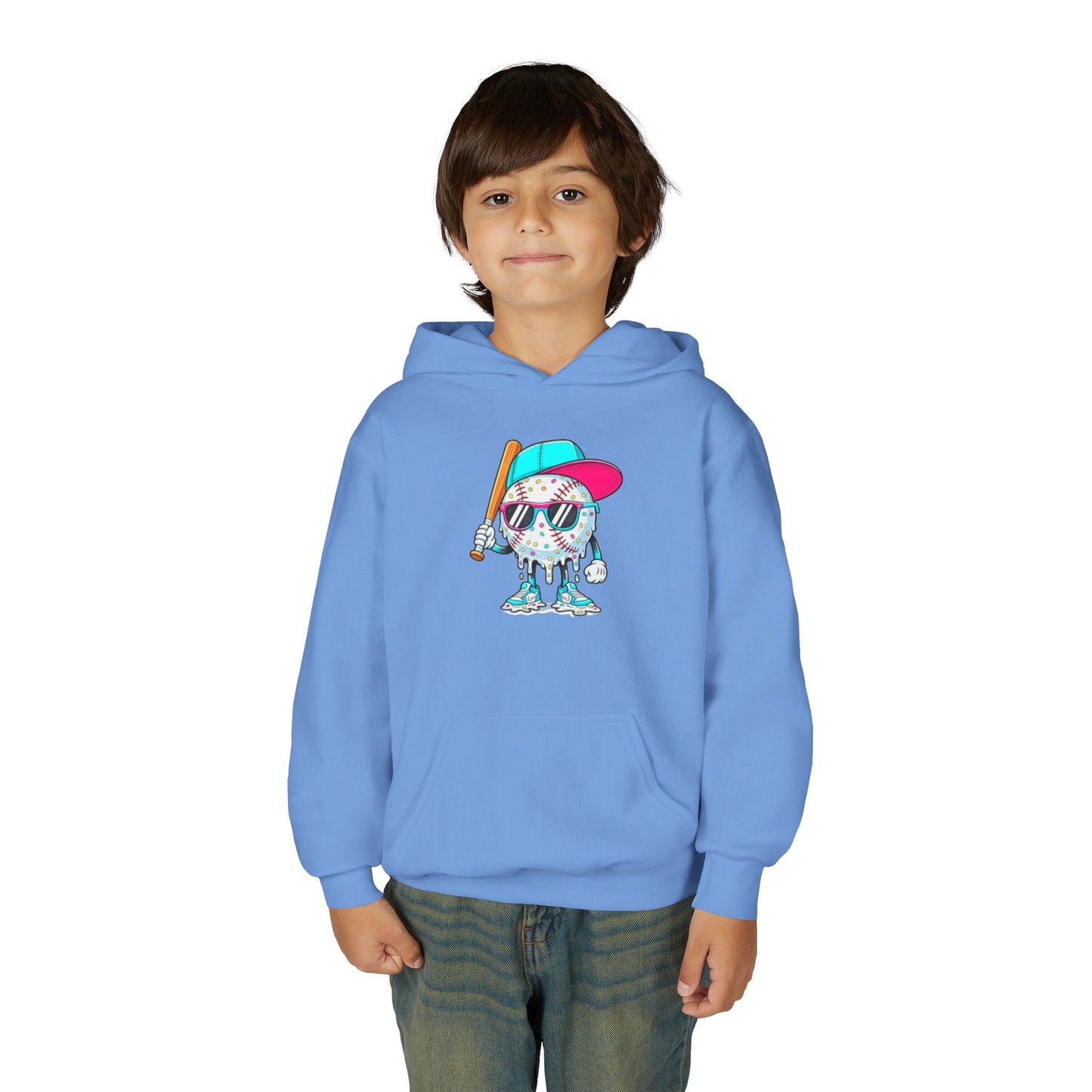 Youth Double Sided Baseball Hoodie — Colorful Dripping Ball & Cool Batter Graphic