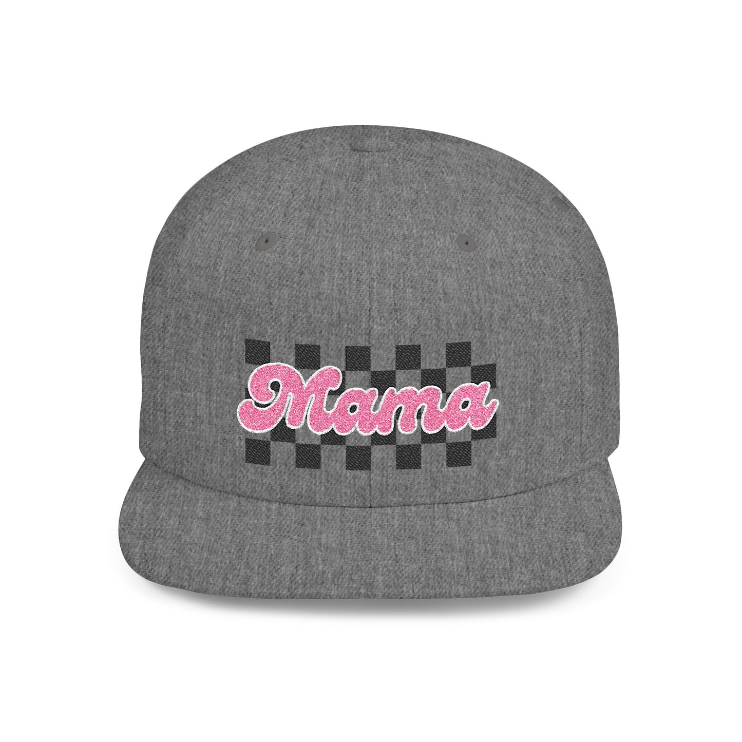 Mama Checkerboard Flat Bill Snapback Hat — Retro Pink Script Cap for Moms
