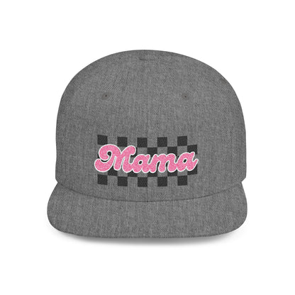 Mama Checkerboard Flat Bill Snapback Hat — Retro Pink Script Cap for Moms