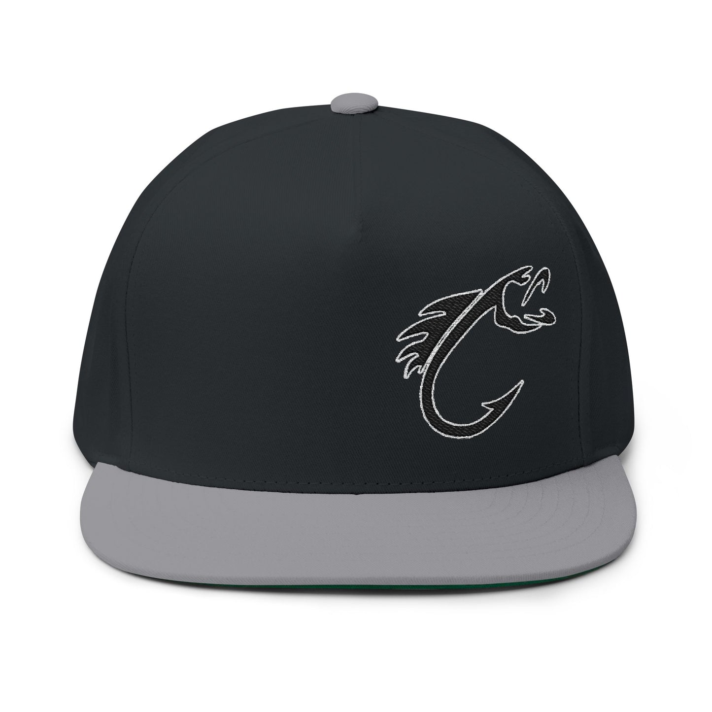 Embroidered Fish Hook Flat Bill Cap – Fishing Logo Snapback Hat