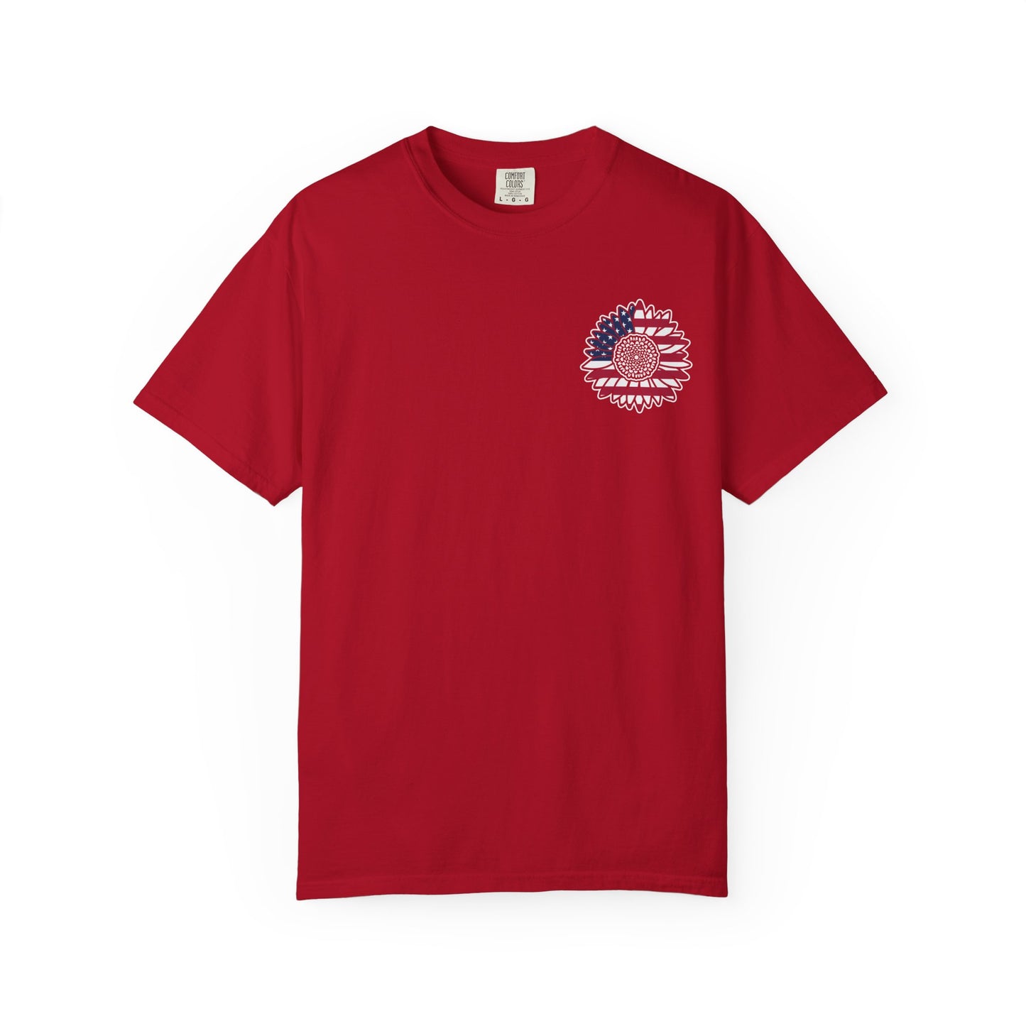 American Flag Messy Bun & Sunglasses with Patriotic Sunflower Back Tee