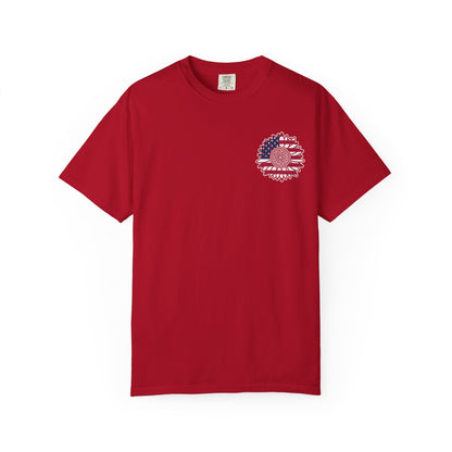 American Flag Messy Bun & Sunglasses with Patriotic Sunflower Back Tee