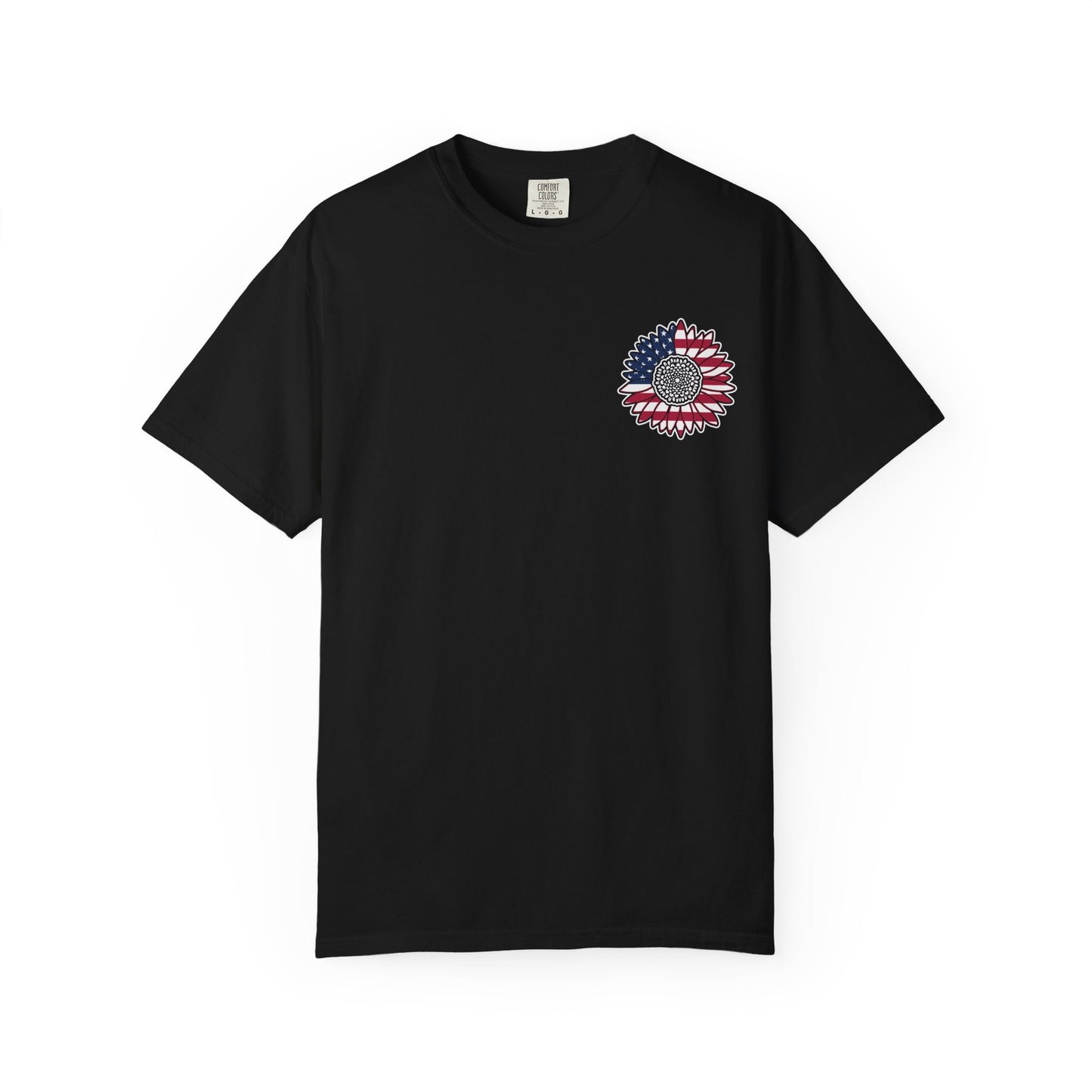 American Flag Messy Bun & Sunglasses with Patriotic Sunflower Back Tee