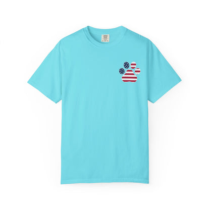 Patriotic Messy Bun T-Shirt — American Flag Bandana & Sunglasses