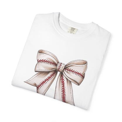Baseball Stitch Bow T-Shirt — Cute Sports Ribbon Graphic Tee