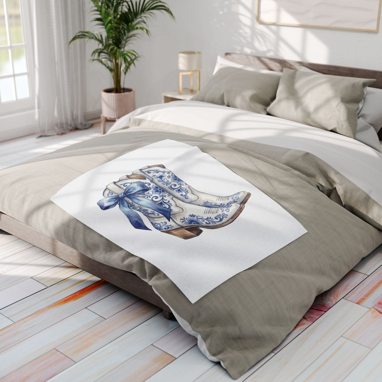 Blue Floral Cowboy Boots Fleece Blanket