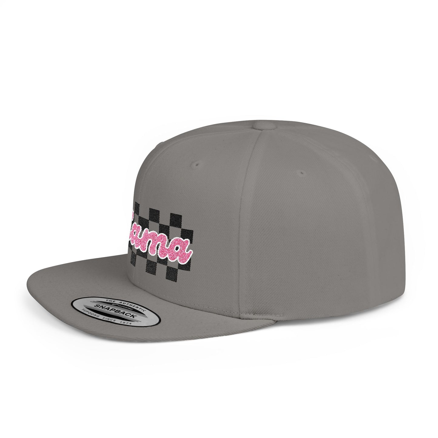Mama Checkerboard Flat Bill Snapback Hat — Retro Pink Script Cap for Moms