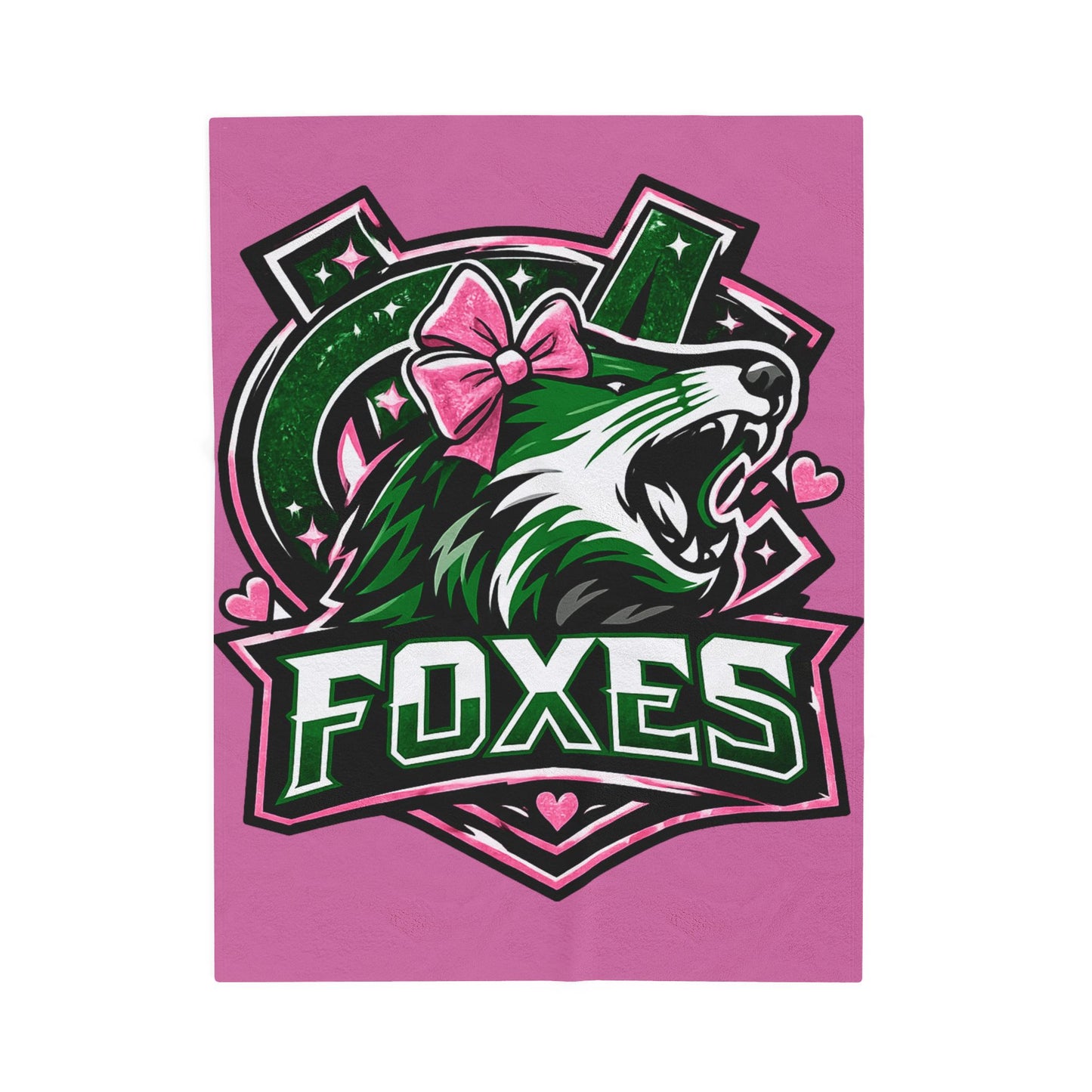 Foxes Team Velveteen Plush Blanket — Pink Mascot Fox with Bow