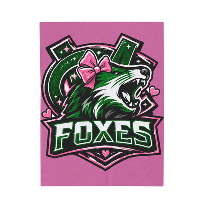 Foxes Team Velveteen Plush Blanket — Pink Mascot Fox with Bow