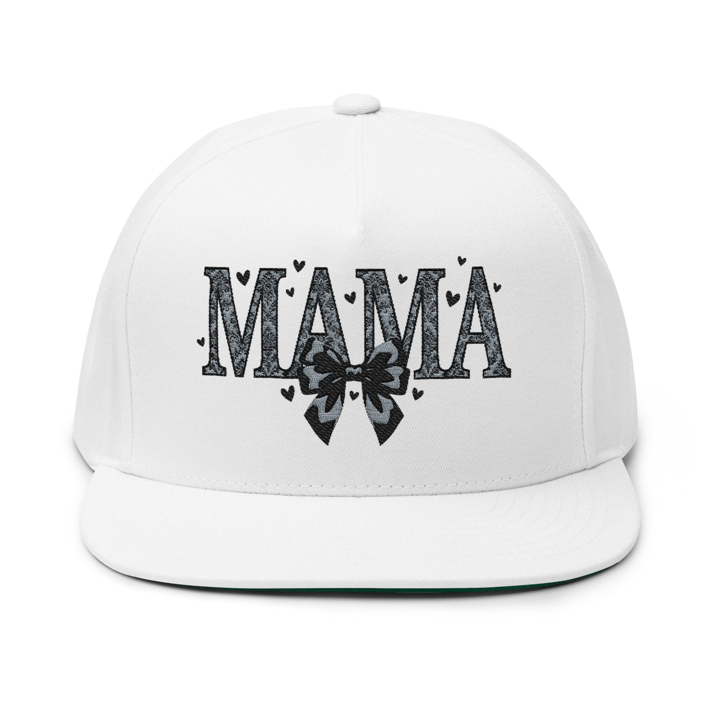 Mama Embroidered Flat Bill Cap — Floral Bow Mom Trucker Hat
