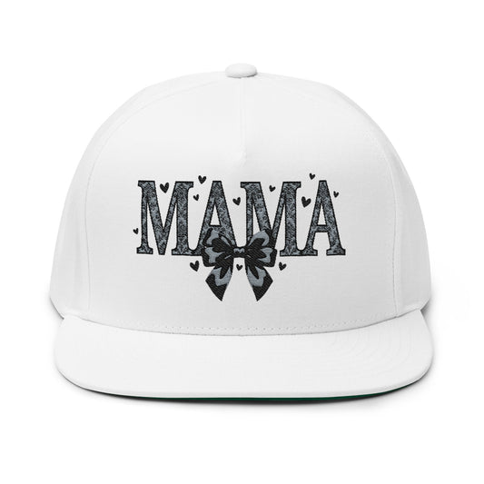 Mama Embroidered Flat Bill Cap — Floral Bow Mom Trucker Hat