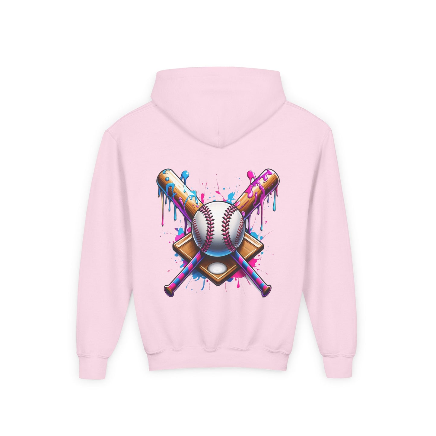 Youth Double Sided Baseball Hoodie — Colorful Dripping Ball & Cool Batter Graphic