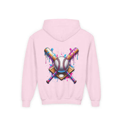 Youth Double Sided Baseball Hoodie — Colorful Dripping Ball & Cool Batter Graphic