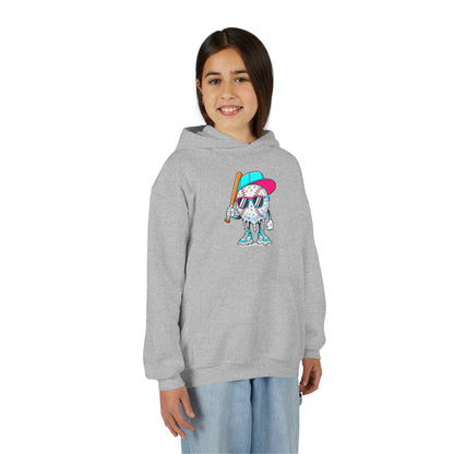 Youth Double Sided Baseball Hoodie — Colorful Dripping Ball & Cool Batter Graphic