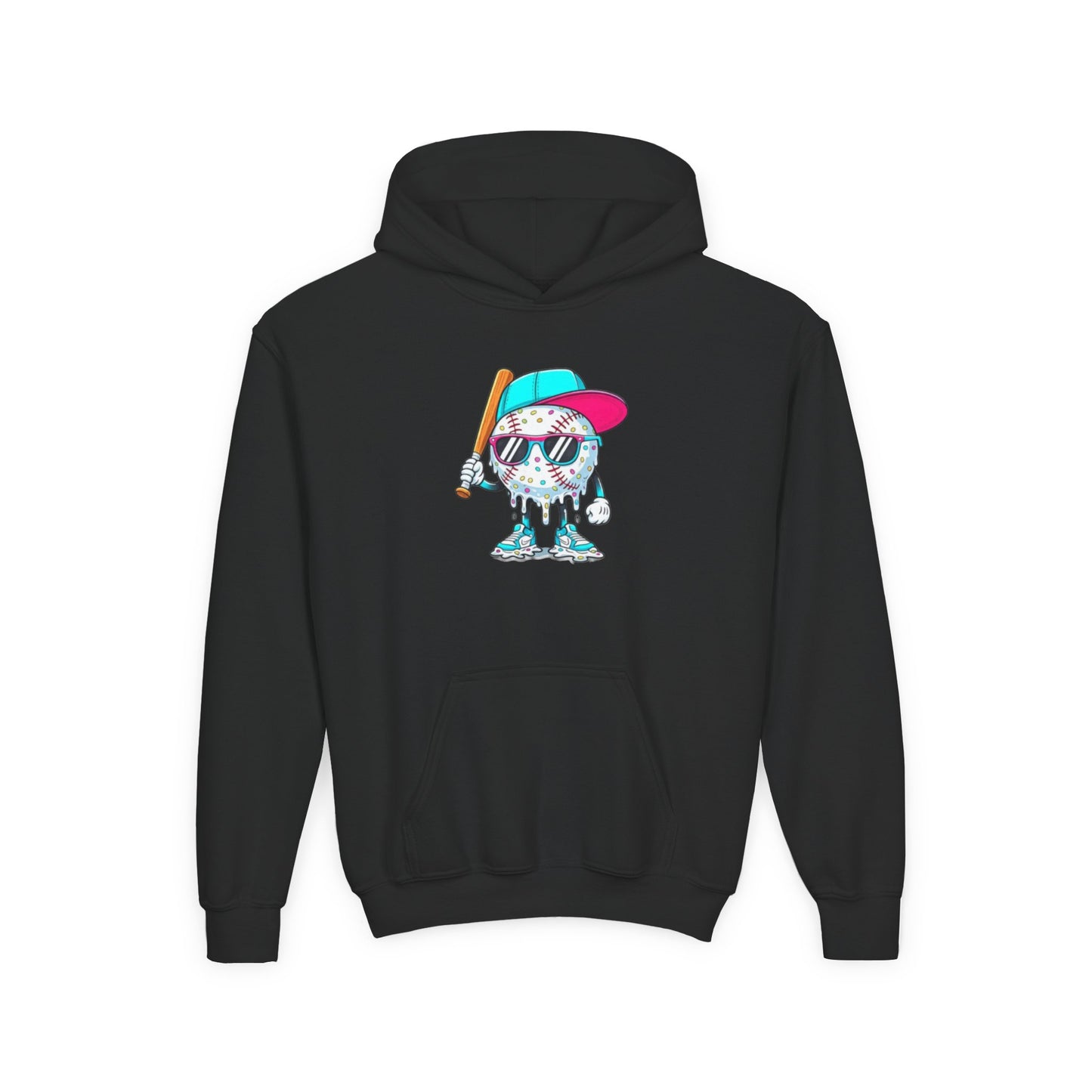 Youth Double Sided Baseball Hoodie — Colorful Dripping Ball & Cool Batter Graphic