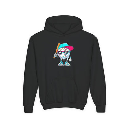 Youth Double Sided Baseball Hoodie — Colorful Dripping Ball & Cool Batter Graphic