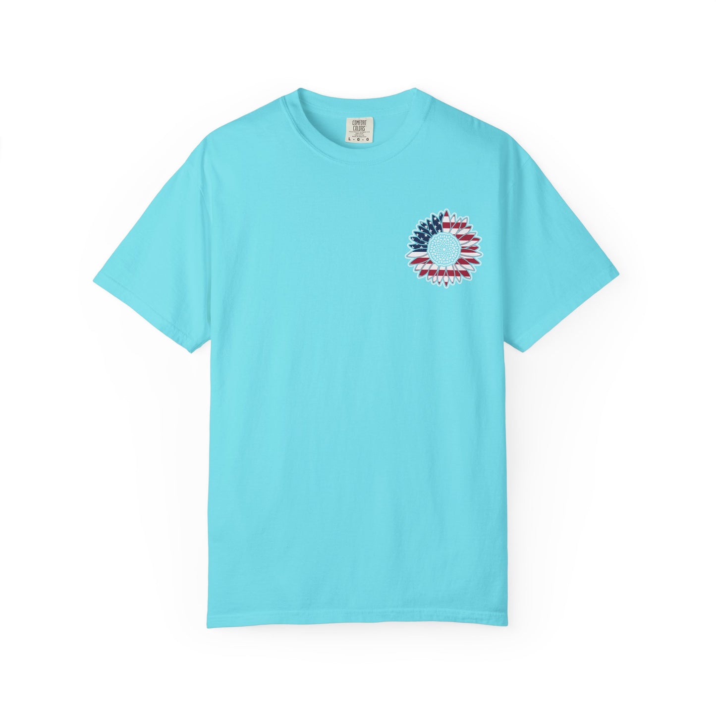 American Flag Messy Bun & Sunglasses with Patriotic Sunflower Back Tee