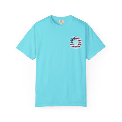American Flag Messy Bun & Sunglasses with Patriotic Sunflower Back Tee