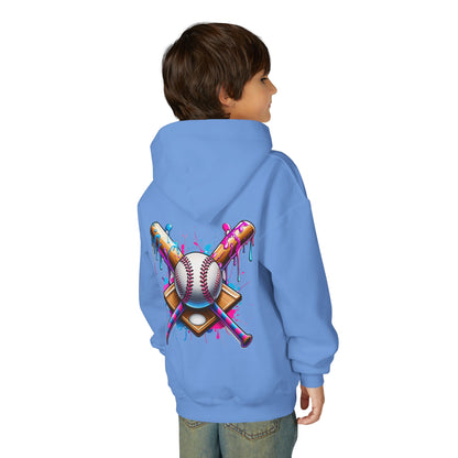 Youth Double Sided Baseball Hoodie — Colorful Dripping Ball & Cool Batter Graphic