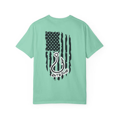 Fishing Hook Flag T-Shirt — "Bite Me" Back Graphic