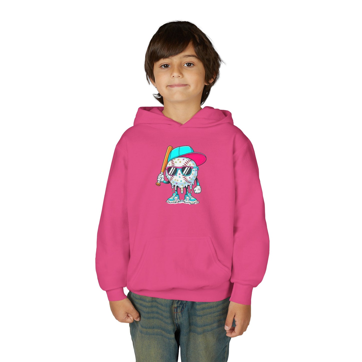 Youth Double Sided Baseball Hoodie — Colorful Dripping Ball & Cool Batter Graphic