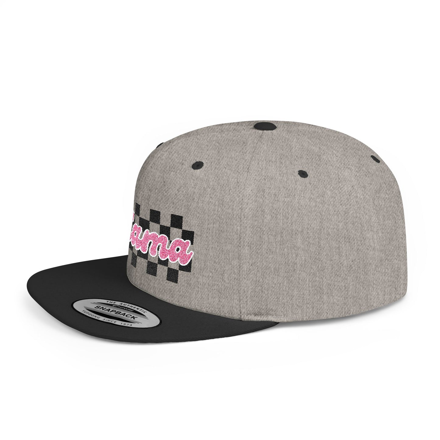 Mama Checkerboard Flat Bill Snapback Hat — Retro Pink Script Cap for Moms