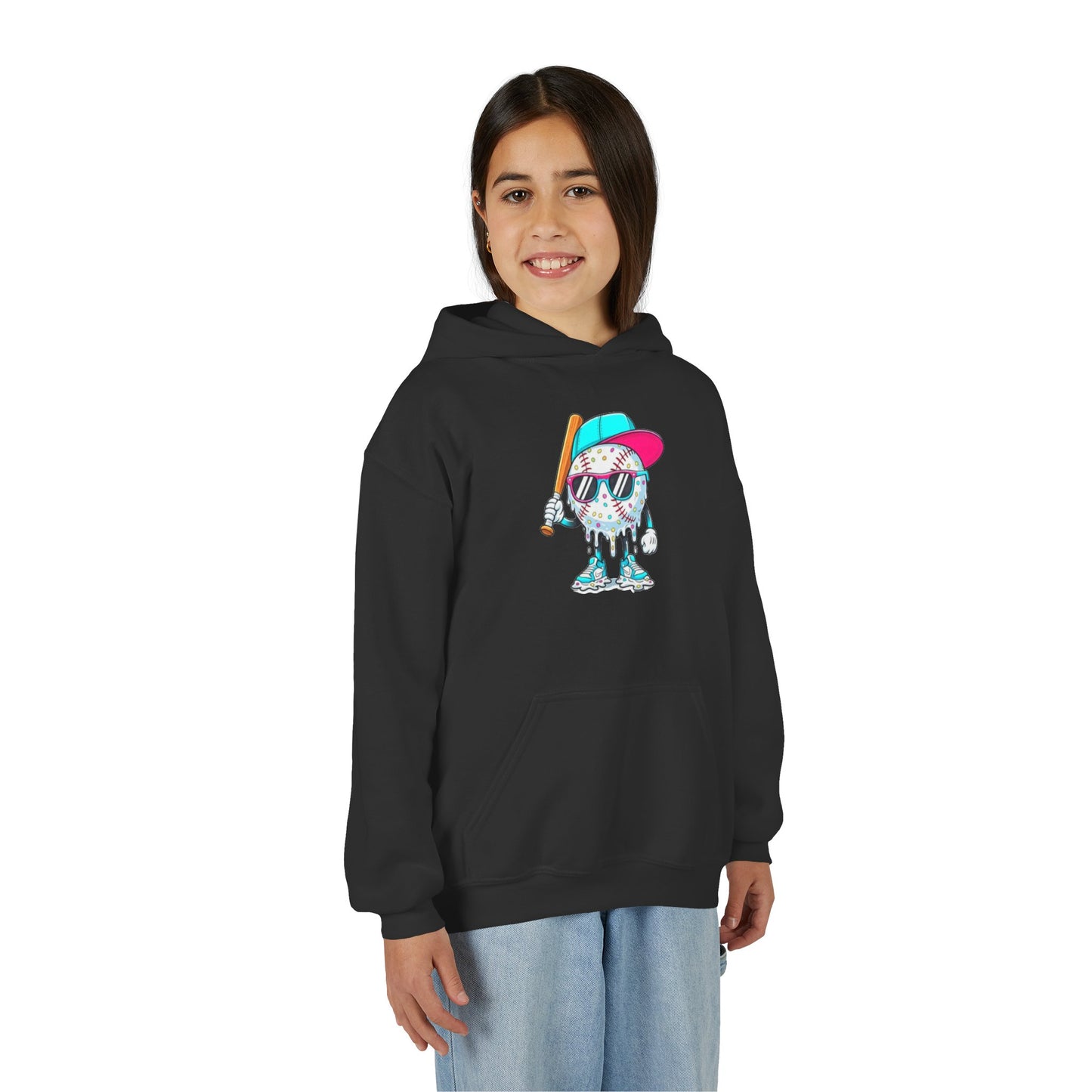 Youth Double Sided Baseball Hoodie — Colorful Dripping Ball & Cool Batter Graphic